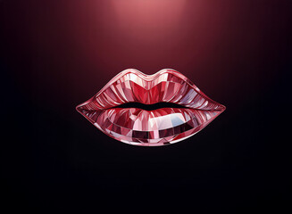 Close-up of glossy, crimson lips rendered in a faceted, crystalline style against a deep burgundy background.  The light glistens on the facets, creating a luxurious, jewel-like effect.