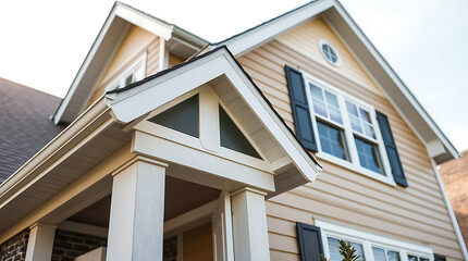 Fototapeta premium Residential House Exterior with Porch and Beige Siding
