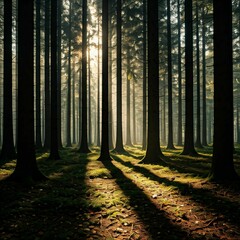 A tranquil forest scene with soft light filtering through the trees, dappled sunlight on the forest floor, and subtle shadows.