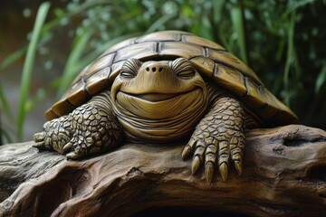 Naklejka premium Smiling turtle statue rests on wood, outdoors.