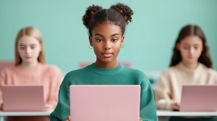 A focused female student uses a laptop in a classroom, surrounded by classmates engaged in their own studies, highlighting a modern educational environment.