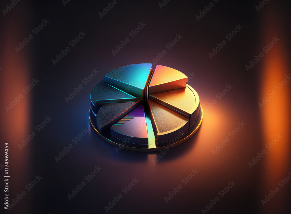 Poster a 3d rendered pie chart with iridescent segments sits on a dark reflective surface, illuminated by w