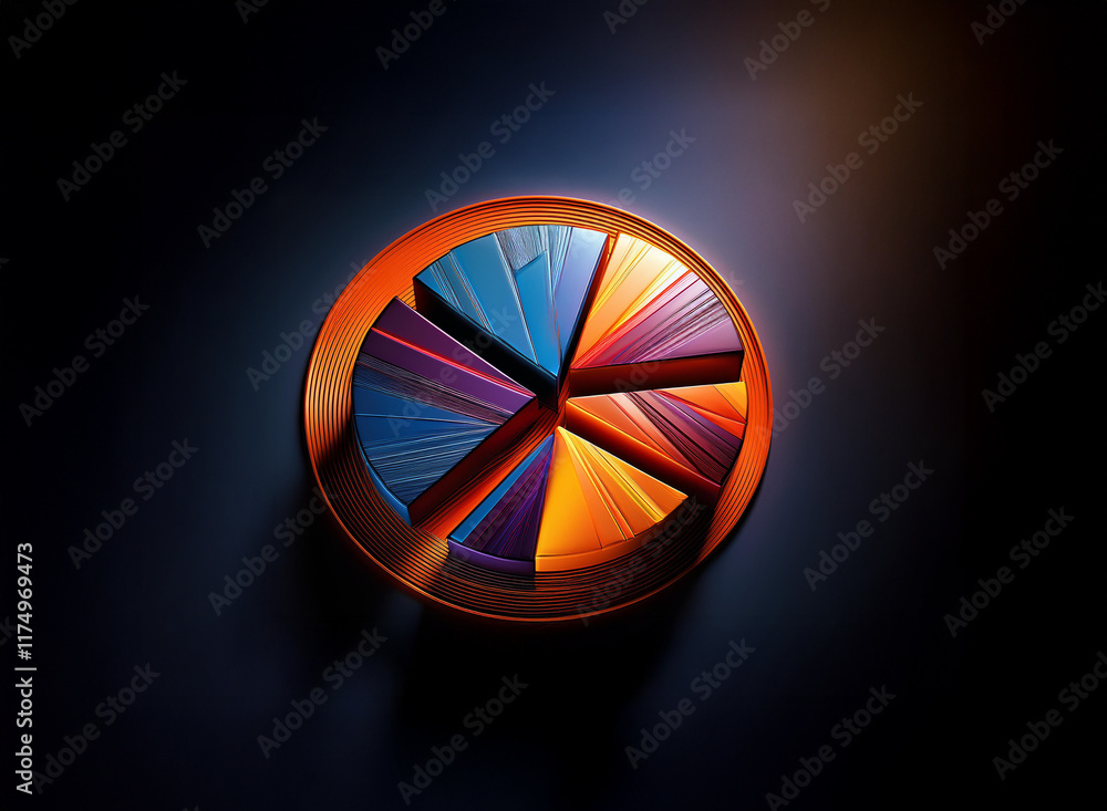Aufkleber a vibrant, three-dimensional pie chart is dramatically lit against a dark background. its segments a