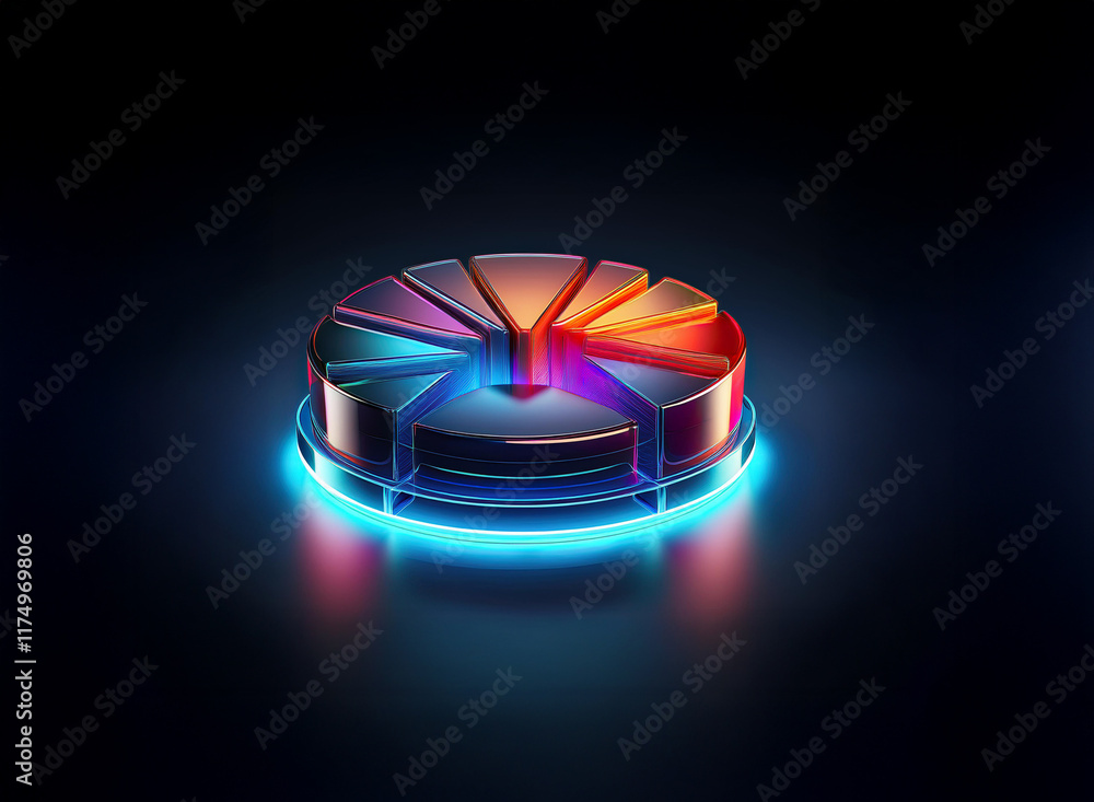 Poster a vibrant, 3d pie chart with segmented sections glows with neon light. its reflective surface and da