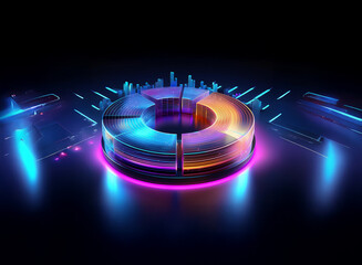 Neon-lit circular data visualization, segmented and glowing, set against a dark tech background with vibrant light streaks.  Suggests technological progress or data analysis.