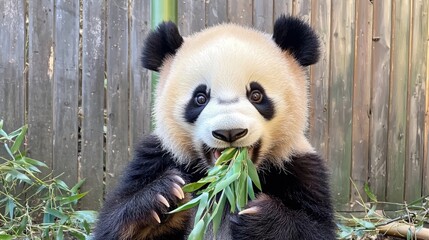 Obraz premium Panda enjoys chewing fresh bamboo in vibrant surroundings during daylight