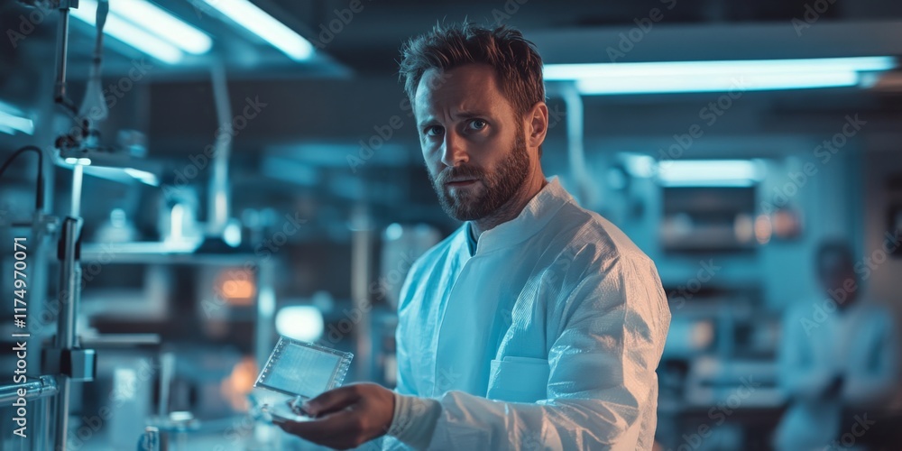 Aufkleber a scientist in a high-tech lab holds a petri dish with a focused expression. the atmosphere is moder