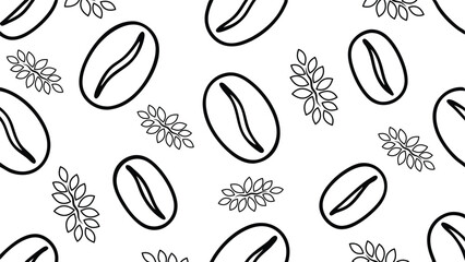 Coffee Bean Pattern Background, Black and White Coffee Beans with Leaves Design, Trendy Coffee-Themed Seamless Pattern Illustration.