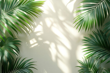 Naklejka premium Sunlit tropical palm leaves casting shadows on neutral wall
