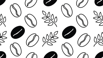 Coffee Bean Pattern Background, Black and White Coffee Beans with Leaves Design, Trendy Coffee-Themed Seamless Pattern Illustration.