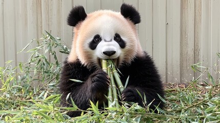 Fototapeta premium Panda joyfully munching on fresh bamboo under bright colors in high resolution