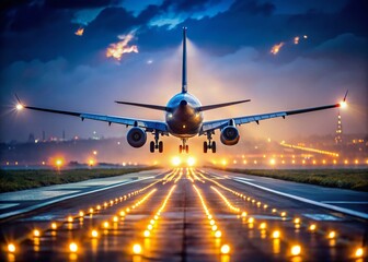 Night Landing: Passenger Jet on Runway, Low Light Airport Scene