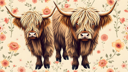 &ldquo;Shaggy highland cows" "folk flowers" "seamless pattern" "floral" Generative AI