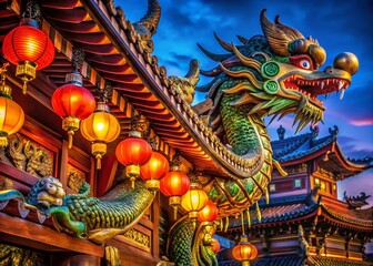 Fototapeta premium Night Macro Photography: Dragon & Lantern Adorned Chinese Architecture