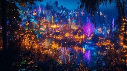 Charming village with glowing lights and mystical atmosphere in vibrant colors