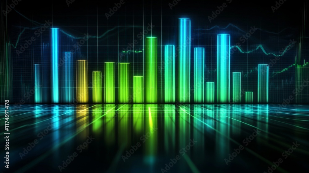 Aufkleber a financial bar graph displayed on a desktop monitor with vibrant bars in shades of green and blue, 