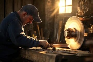 Skilled craftsman working with wood as sunlight streams through workshop window