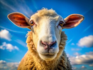 Fluffy Sheep Close-Up Against Vivid Blue Sky: Nature Photography