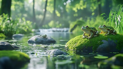 Serene Forest Stream: Two Frogs on Mossy Rock