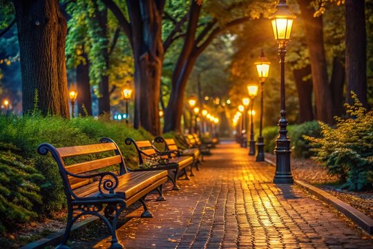 Night Park Path, Lantern Light, Park Bench - Serene Evening Scene