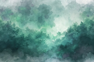 Soft watercolor landscape, misty forest, green hues, tranquil atmosphere, nature background, artistic design, serene scenery.