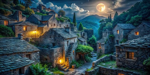 Obraz premium Night Photography: Ancient City Ruins Close-Up, Mystical Woods, Stone Architecture, Historical Landmark
