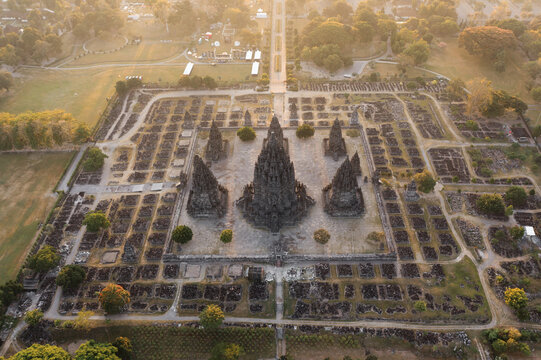 Aerial view of Prambanan temple at sunset, Yogyakarta, Java, Indonesia