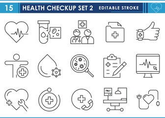 A set of line icons related to Health Checkup. Heartbeat, test-tube, lab, doctor, smartwatch, report, virology, and so on. Vector editable stroke.