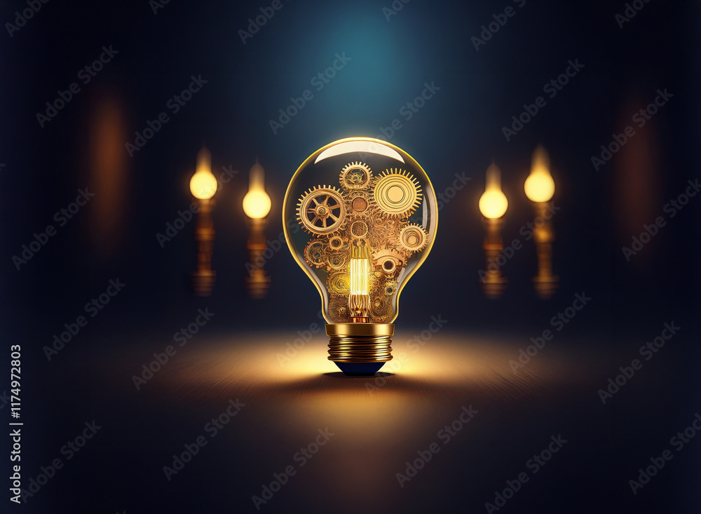 Poster a glowing lightbulb, filled with intricate gears, sits center stage, illuminated by surrounding cand