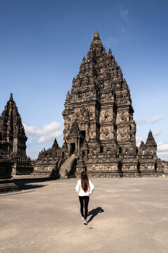 Asian woman visiting Prambanan temple, Yogyakarta, Java, Indonesia