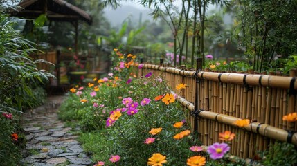 Fototapeta premium Cozy garden with rustic bamboo fence and vibrant flowers in serene setting