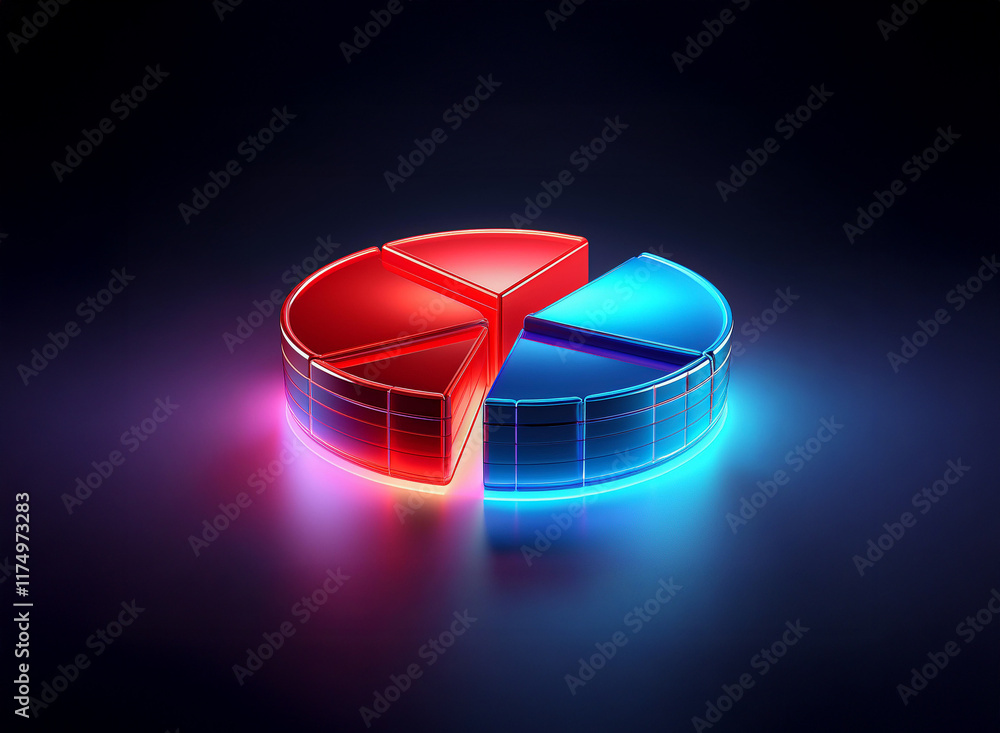 Poster a vibrant 3d pie chart, segmented into red and blue sections, glows with neon light against a dark b