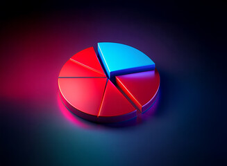 Fototapeta premium A vibrant 3D pie chart, rendered in red and blue hues against a dark background, showcases data segments with a dynamic, illuminated presentation.