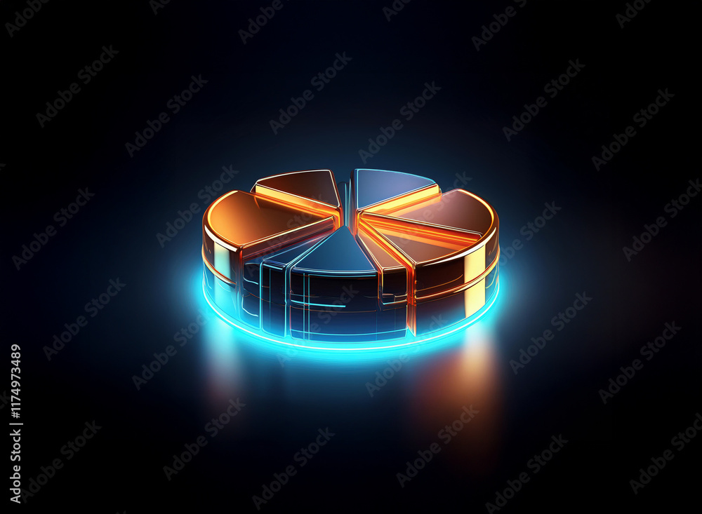 Aufkleber a 3d rendered metallic pie chart with glowing neon blue base. segments are bronze and dark blue, ref
