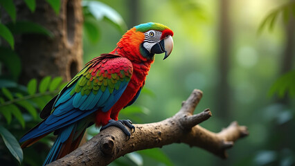 Naklejka premium A vibrant scarlet macaw perched on a branch in a lush tropical forest.
