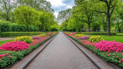 Fototapeta premium A cobblestone path extends through a vibrant garden lined with colorful flowers and lush green hedges. Perfect for landscaping and gardening websites or travel brochures.