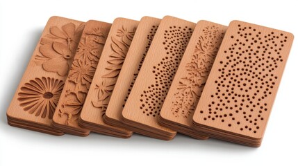 Obraz premium Wooden texture plates with floral and dotted patterns. Ideal for embossing clay, fondant, or dough for crafts and baking.