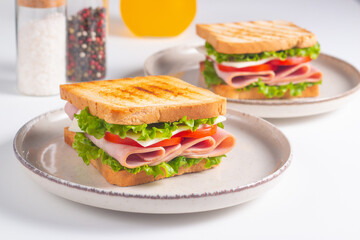 Close-up of two sandwiches with bacon, salami, prosciutto and fresh vegetables on rustic wooden...