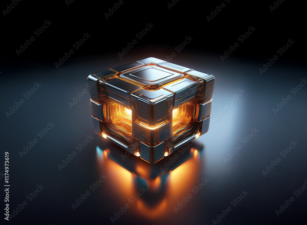 Poster a luminous, metallic cube glows with an inner orange light, reflecting on a dark surface. its design