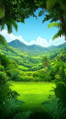 Obraz premium Lush Green Valley Framed by Tropical Foliage Under a Blue Sky