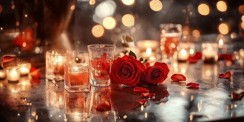 Obraz premium Elegant Table Setting Adorned with Flickering Candles and Fresh Roses Creating a Romantic and Charming Atmosphere for Intimate Gatherings and Celebrations