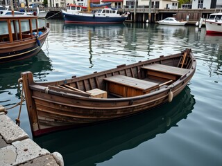 Classic Wooden Rowboat Docked at Harbor Calm Water Nautical Vessel