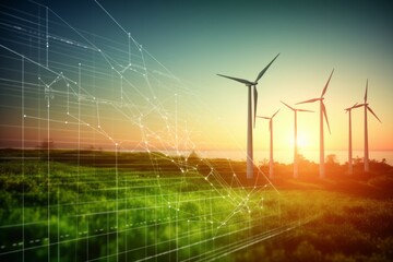 Graph showcasing business growth and energy use by wind turbines at sunrise with nature s backdrop