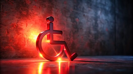Night Photography: Glowing 3D Red Disabled Symbol on Dark Background