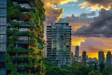 Premium Quality Image of Sydney Apartment Building with Hanging Gardens at Sunset