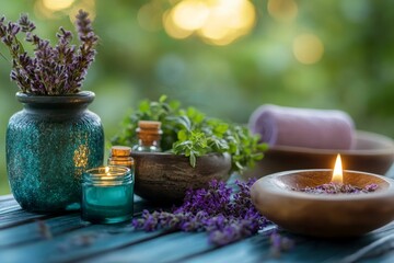 Relaxing spa scene: candles, herbs, flowers, and towels.