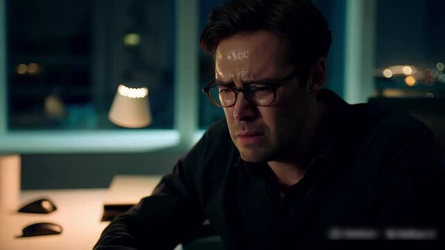 Business, night and man with headache, laptop and glasses with fatigue, tired and exhausted. Evening, depression and employee with migraine, computer and eyewear with tension, frustrated and burnout