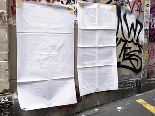 2 paper empty blank mockup on graffiti wall in slum area notice copy space