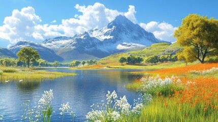 Serene mountain lake landscape with colorful wildflowers under a sunny blue sky. Ideal for nature lovers travel agencies or wallpaper.