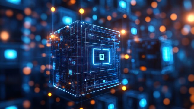 Futuristic data cube in digital network.